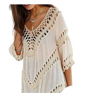 Amiani Women’s Boho V Neck Crochet Tunic Tops Dress Shirt Size: On Size